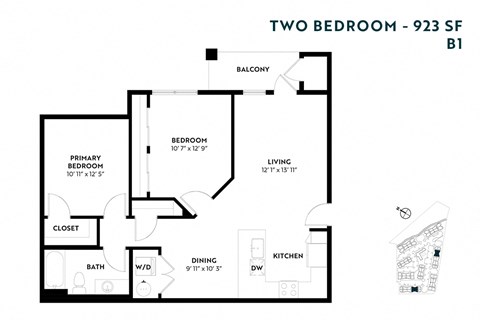 Floor plan for 2 beds, 1 bath, 923 sqft